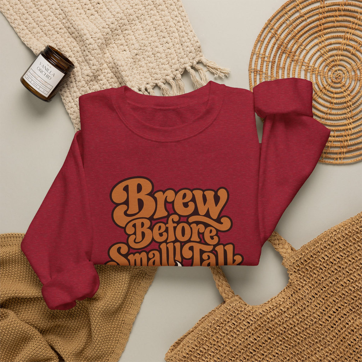 Brew Before Small Talk Retro Sweatshirt in red, folded front view with printed design