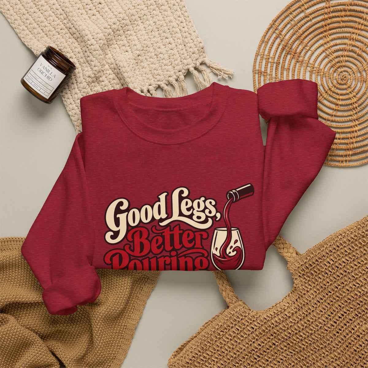 Better Pouring Technique Sweatshirt in red, folded front view with printed design