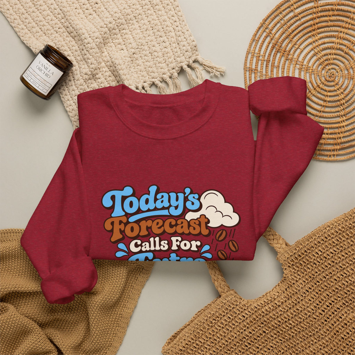Caffeine Forecast Retro Sweatshirt in red, folded front view with printed design
