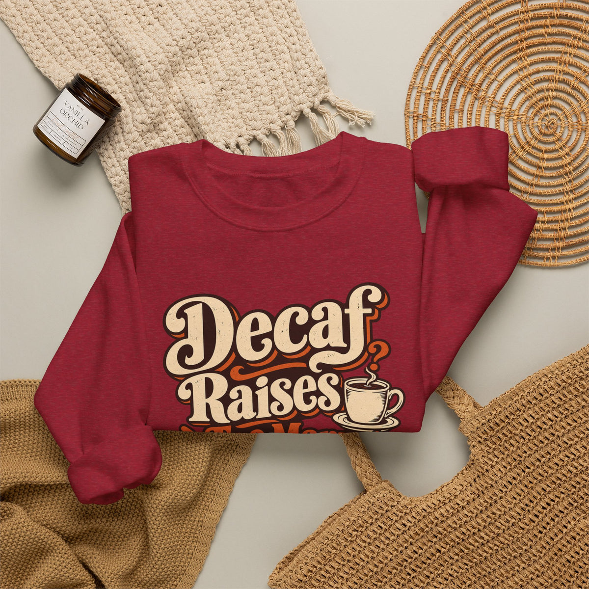 Decaf Doubt Society Sweatshirt in red, folded front view with printed design