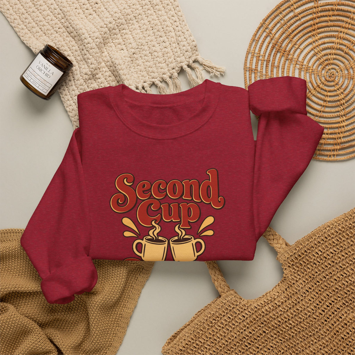 Second Cup Strategy Sweatshirt in red, folded front view with printed design