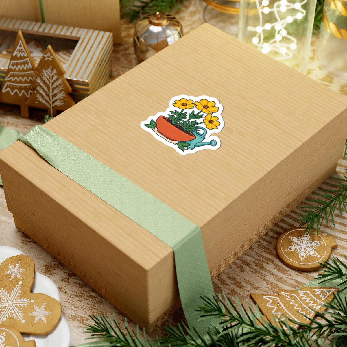 Yellow flower pot and teal watering can sticker shown on a kraft gift box with a green ribbon