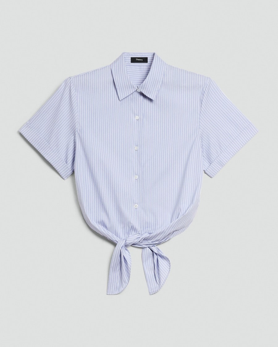 Tie-Front Shirt in Striped Cotton-Blend