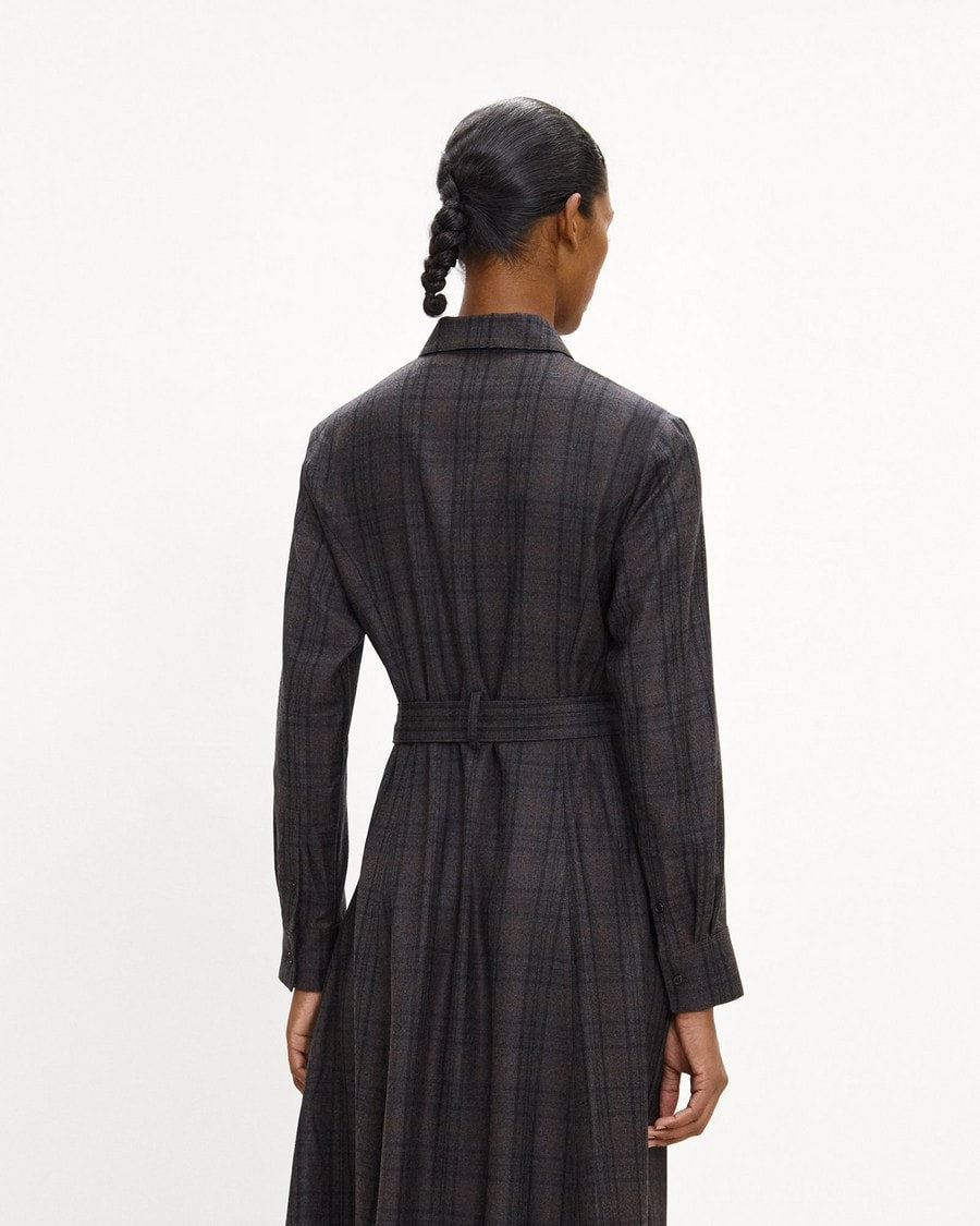 Belted Long-Sleeve Shirt Dress in Sleek Flannel