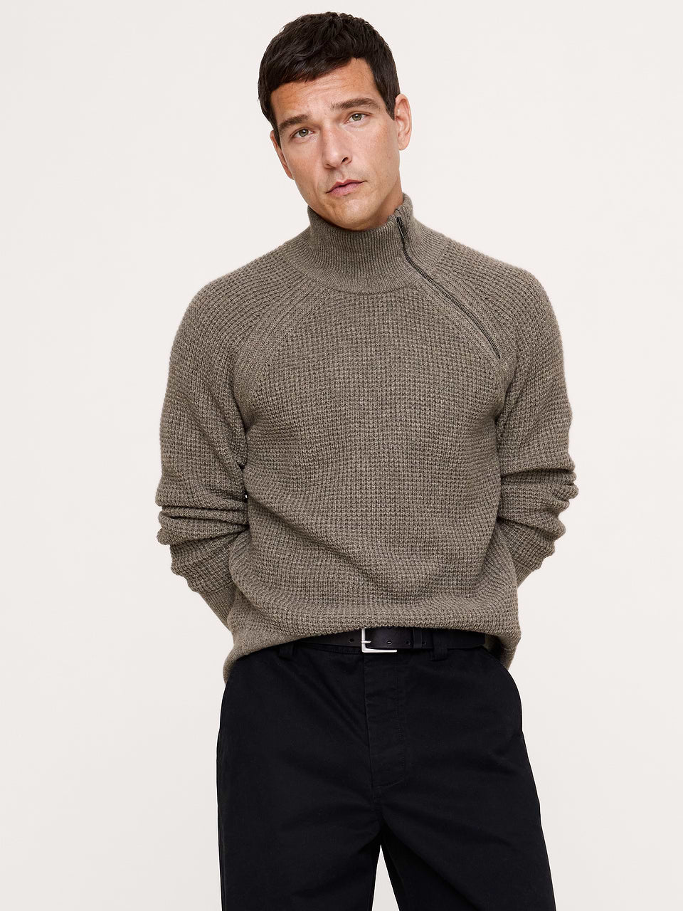 Italian Merino-Blend Moto Sweater with Size Zip - Dried Pinecone Brown