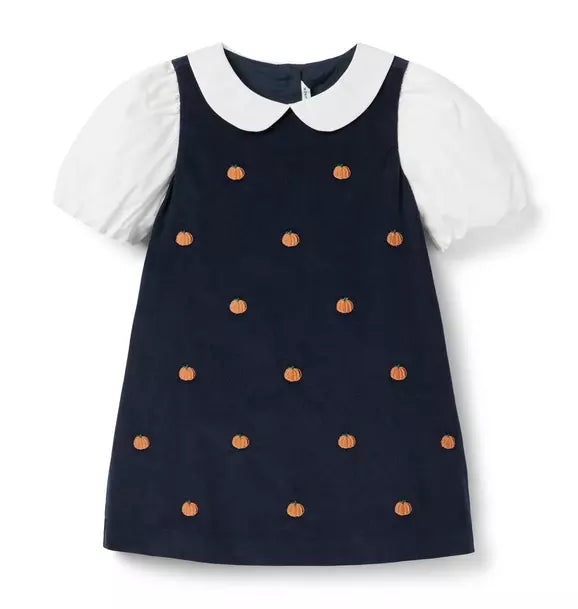 Embroidered Pumpkin Corduroy Dress - Maritime Navy