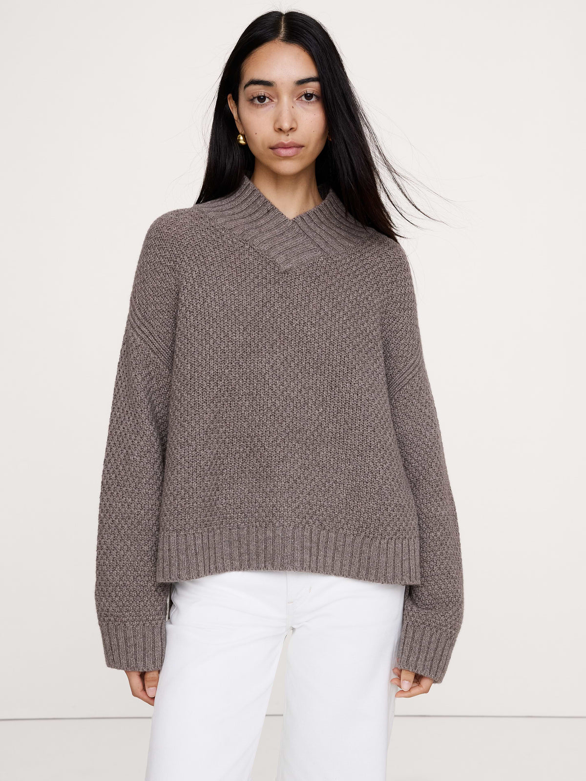 Oversized Merino-Cotton High V-Neck Sweater - Mushroom Taupe