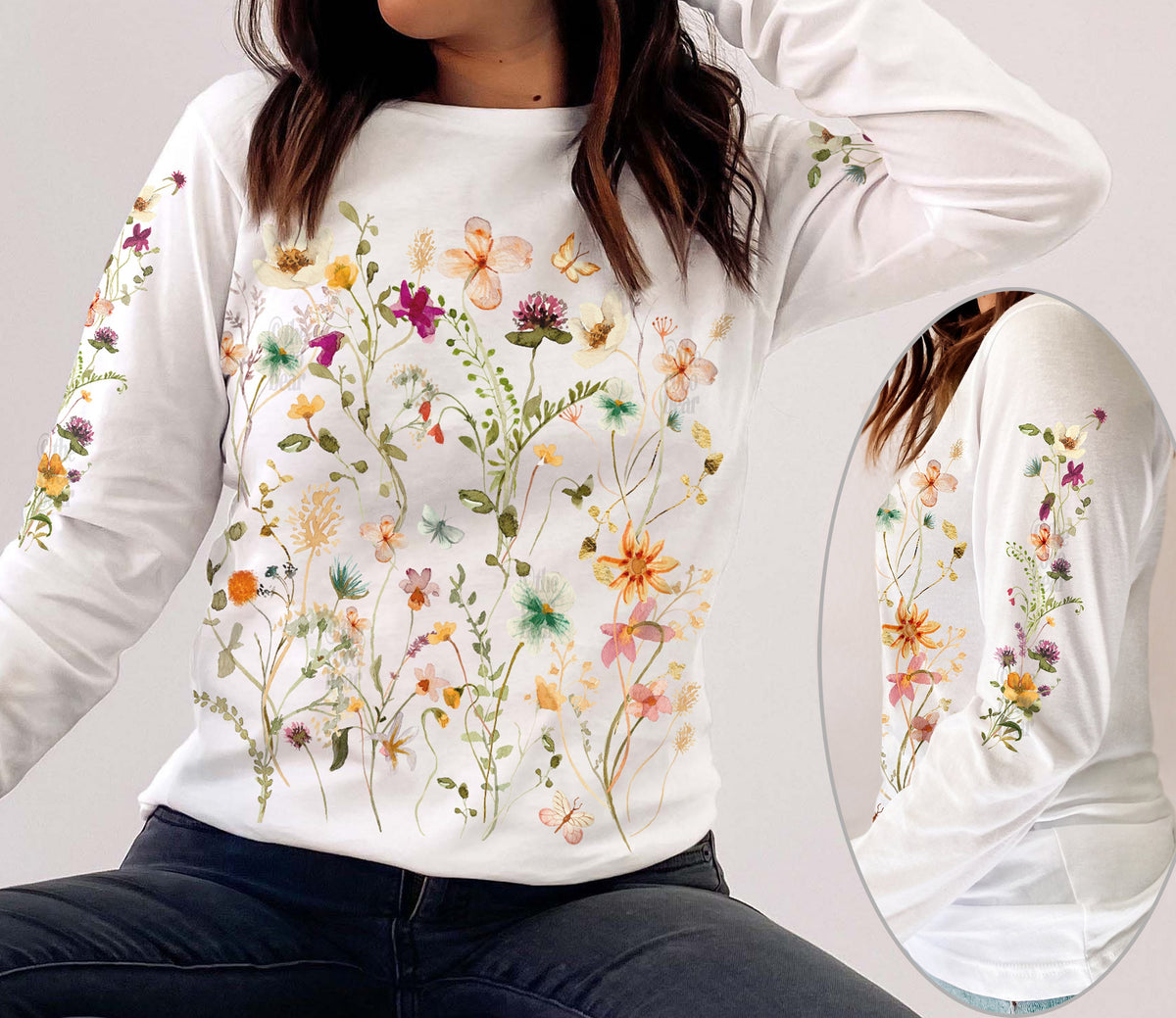Sleeve Print Pressed Flowers Long Sleeve Tshirt Boho Wildflowers Cottagecore Shirt Vintage Botanical Tee Pastel Floral Gift Nature Tee Shirt