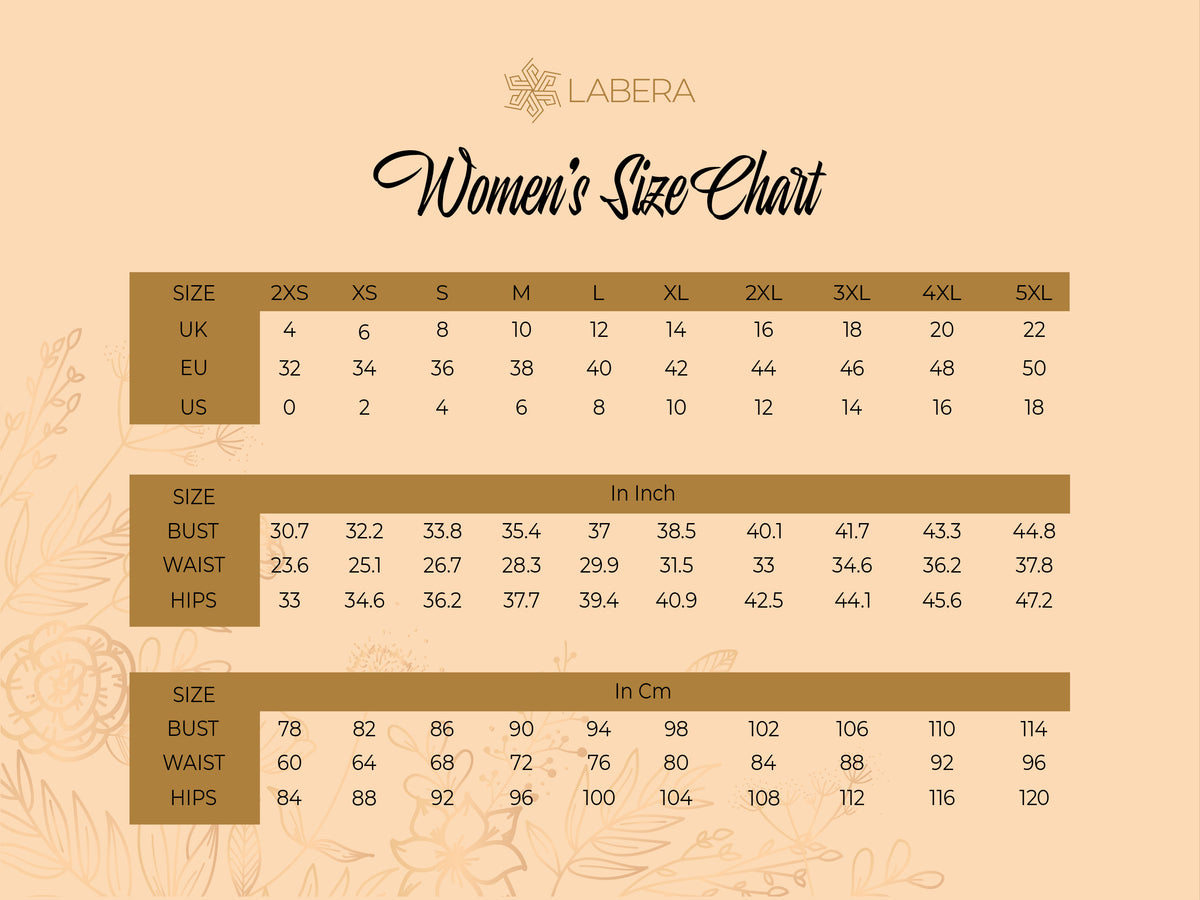 May include: A size chart for women's clothing with measurements in inches and centimeters. The chart includes sizes from 2XS to 5XL and lists bust, waist, and hip measurements.