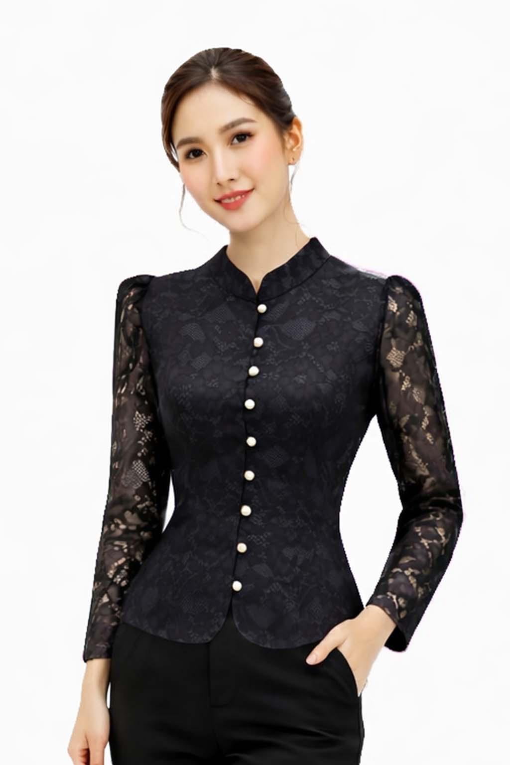 Ladies Black Elegant Cotton Shirt Blouse Top - Mandarin Collar Long & Short Sleeve Sophisticated Formal Wear - 10 Designs Design 17 (Lace)