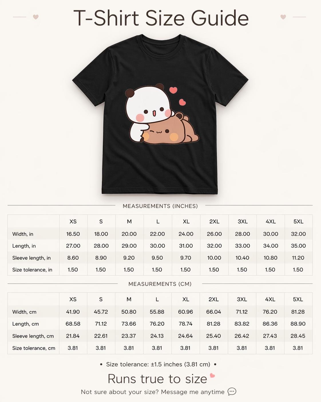 May include: Black t-shirt with a cartoon illustration of a white panda hugging a brown bear, with pink hearts above them. The shirt has a size guide with measurements in inches and centimeters.
