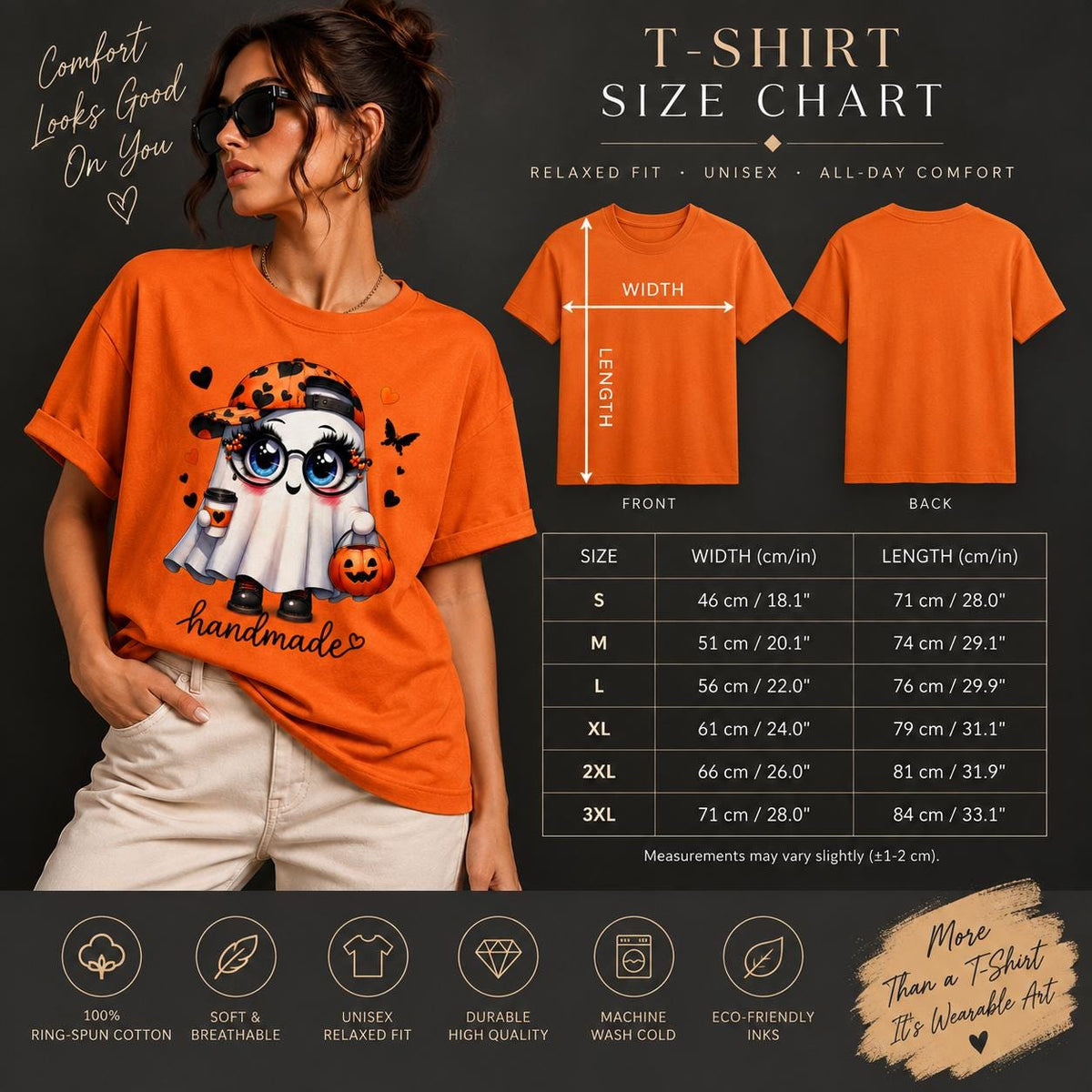 May include: An orange t-shirt featuring a cartoon ghost wearing a baseball cap and glasses, holding a pumpkin bucket. The image includes a size chart with measurements in inches, showing width and length for sizes S through 3XL, and text.