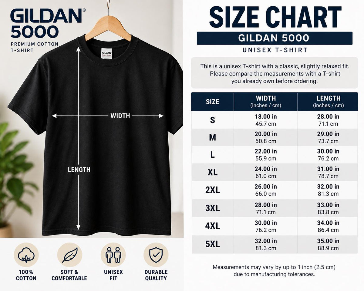 May include: A black Gildan 5000 premium cotton unisex t-shirt hanging on a wooden hanger. The image includes a size chart with width and length measurements in inches ranging from size S to 5XL, plus icons for cotton, comfort, and durability.