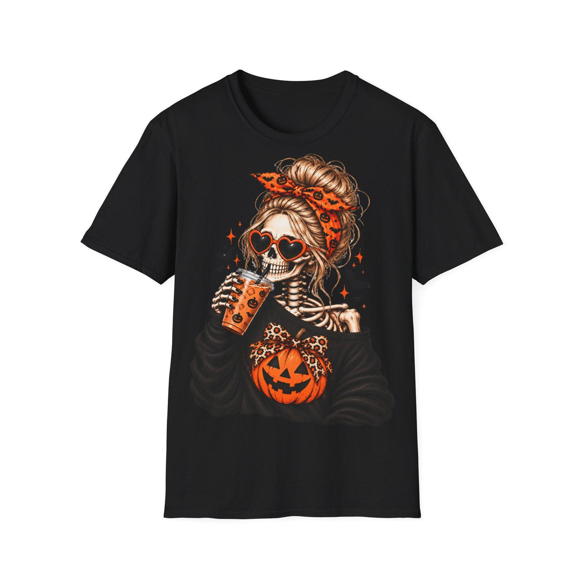 A black t-shirt centered with a graphic of a skeleton woman with a bun and orange patterned headband wearing heart-shaped sunglasses and drinking from a cup.