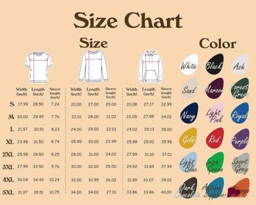 May include: A size chart for apparel featuring line drawings of a t-shirt, sweatshirt, and hoodie. It includes tables with width, length, and sleeve length measurements in inches for sizes S through 5XL, alongside a color palette with labels.