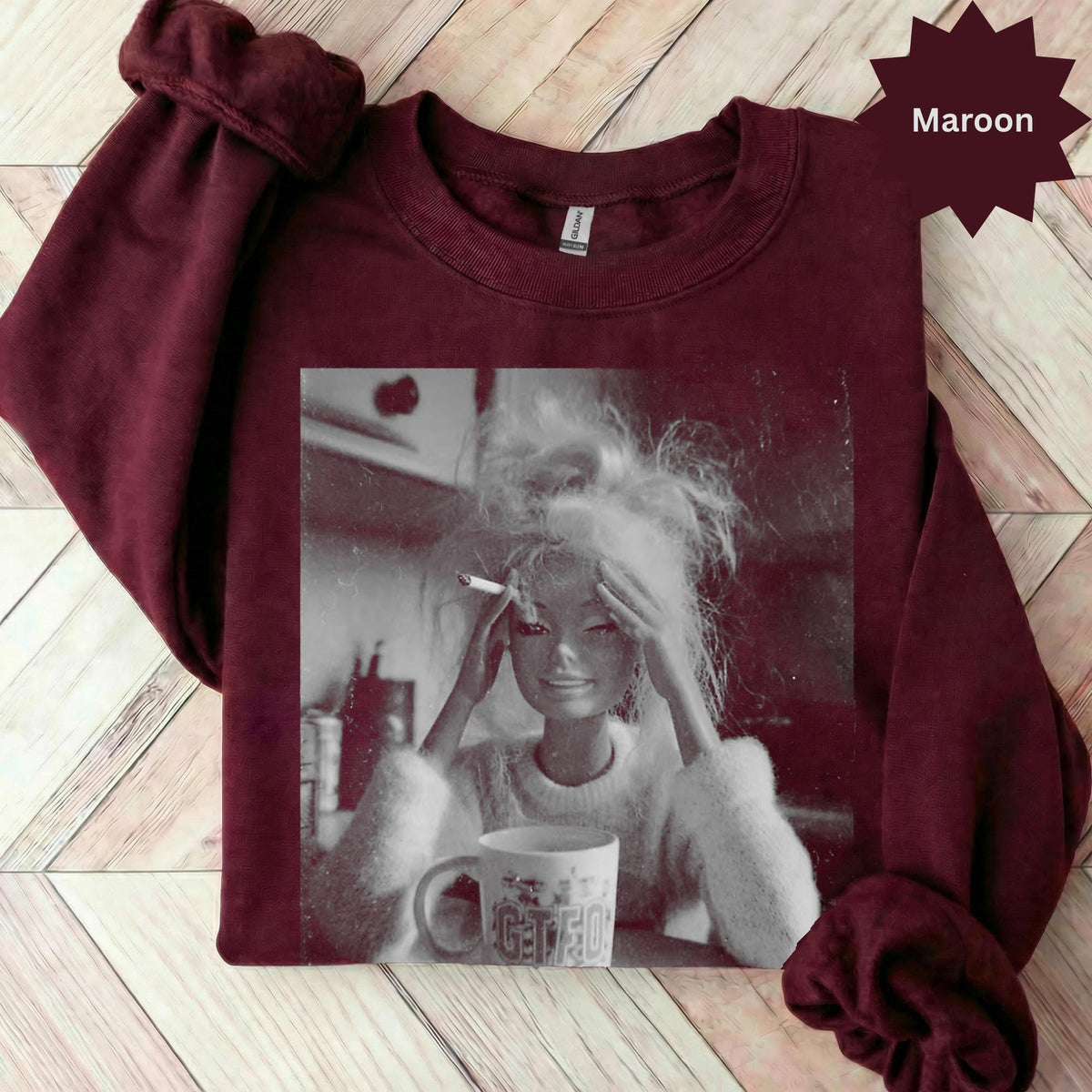 Vintage 90s Doll Face Meme Graphic T-Shirts Smoking GTFO Mug Distressed Funny