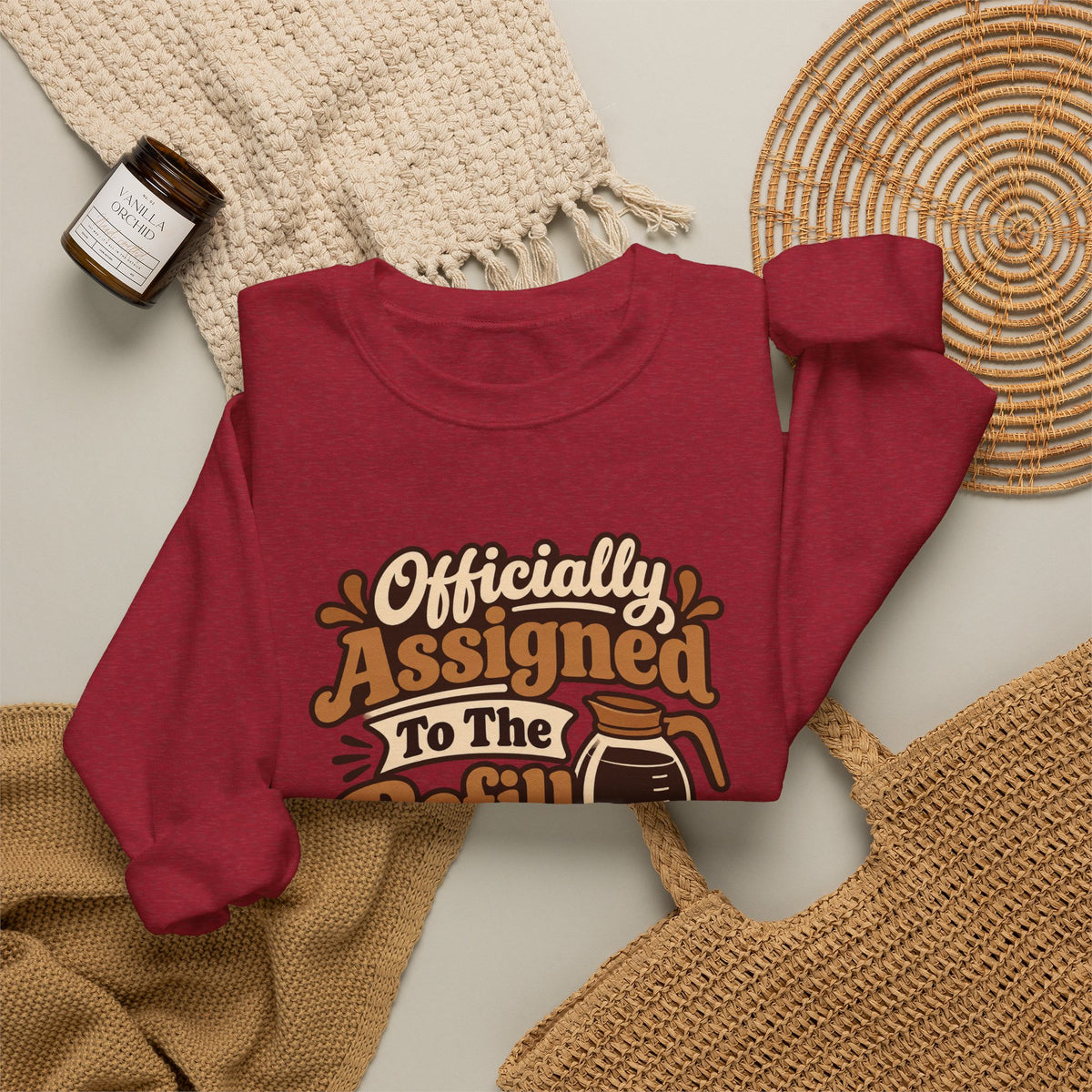 Refill Department Retro Sweatshirt in red, folded front view with printed design