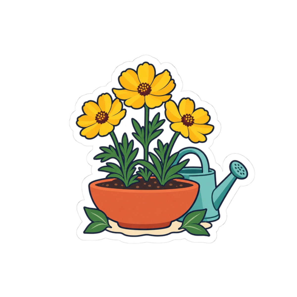 Original garden sticker illustration of three yellow flowers in a terracotta-colored bowl beside a teal watering can with navy outlines