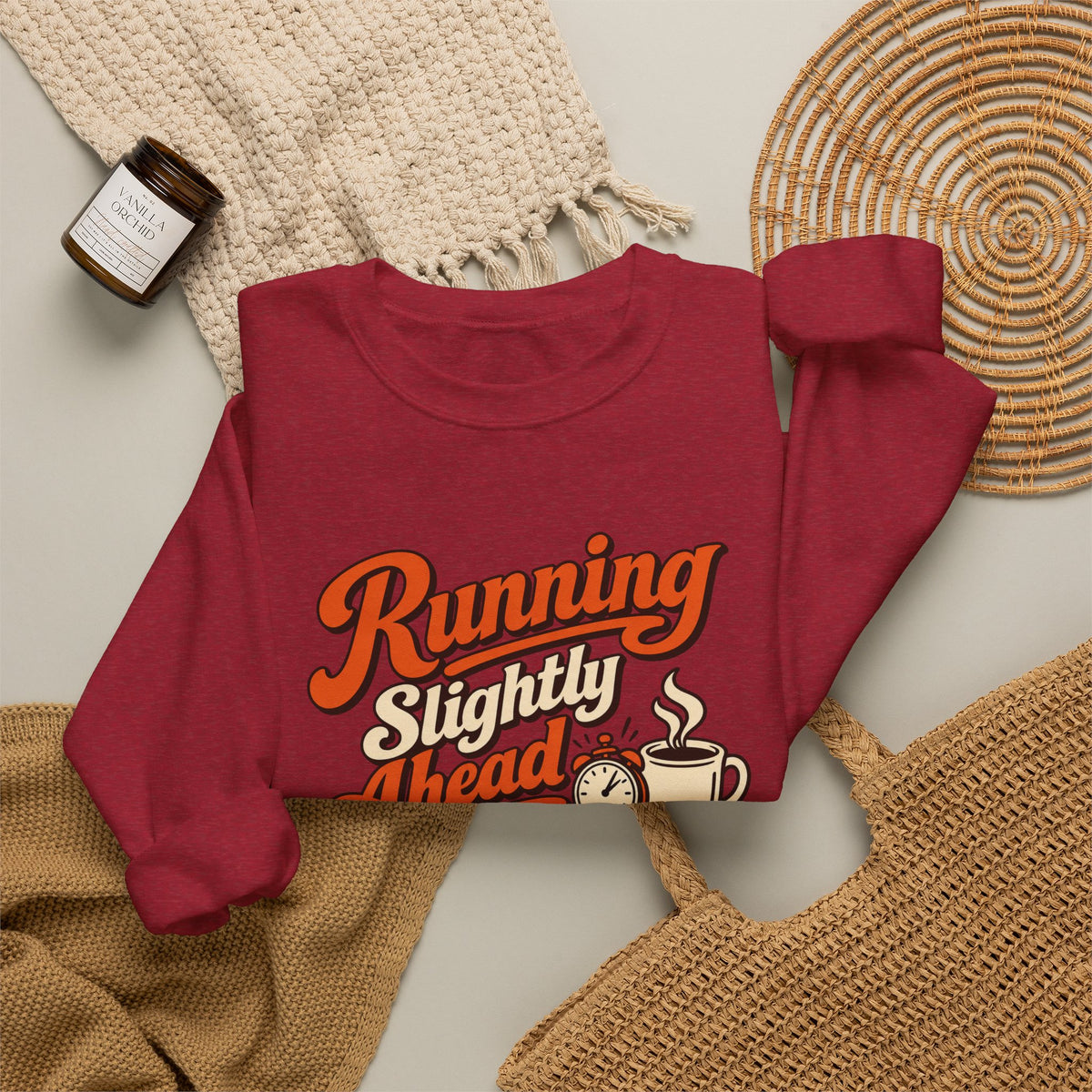 Caffeine Schedule Vintage Sweatshirt in red, folded front view with printed design