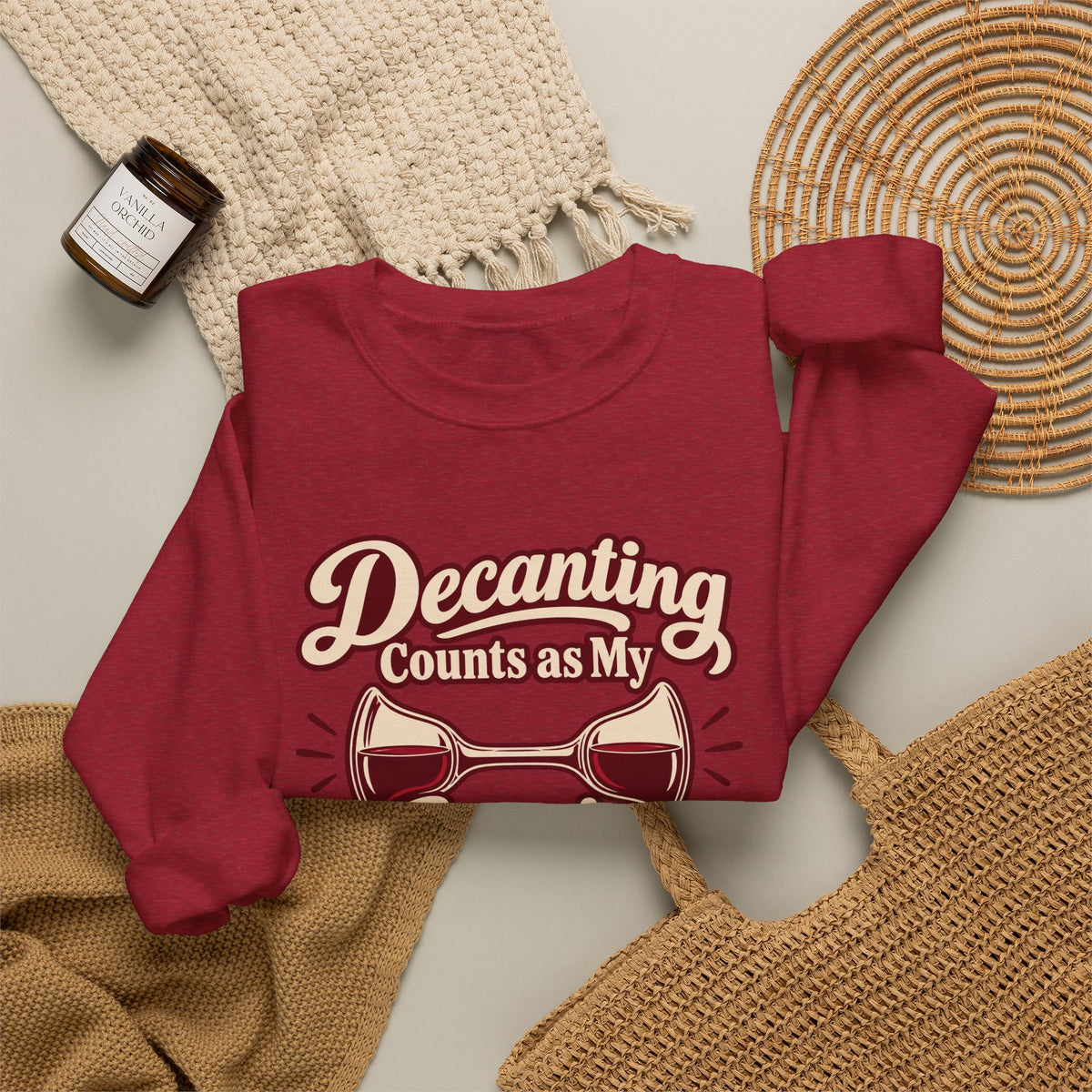 Decanting Workout Retro Sweatshirt in red, folded front view with printed design