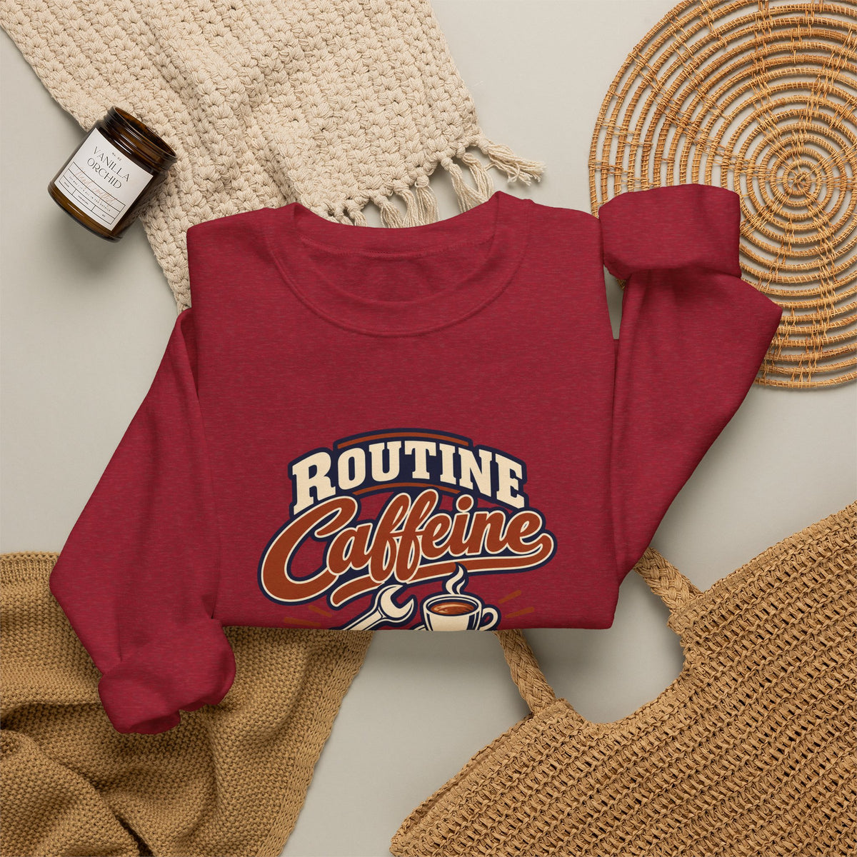 Caffeine Maintenance Club Sweatshirt in red, folded front view with printed design