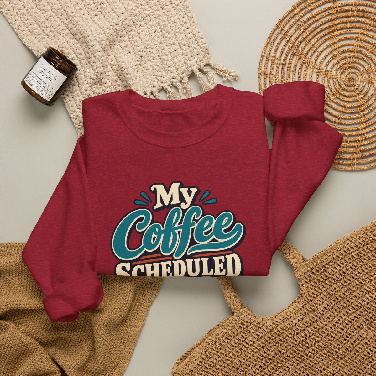 Caffeine Meeting Club Sweatshirt in red, folded front view with printed design