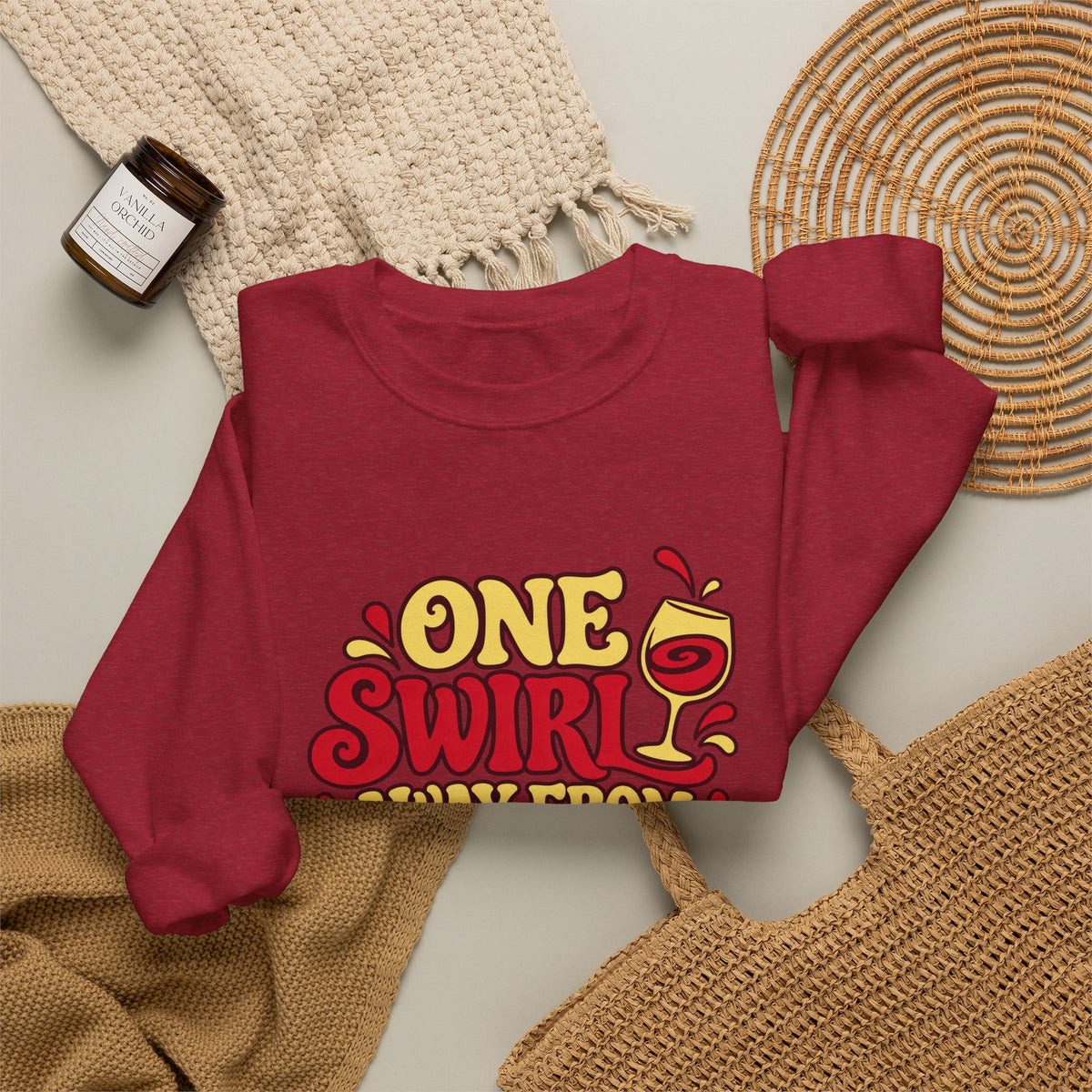 Excellent Decisions Wine Sweatshirt in red, folded front view with printed design