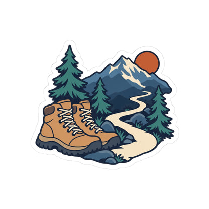 Original illustration of two tan hiking boots beside a cream trail, blue mountains, teal fir trees and a rust sun