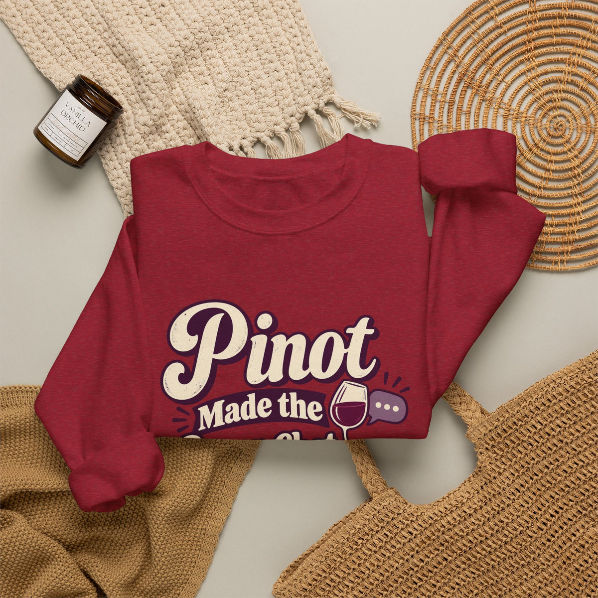 Pinot Group Chat Sweatshirt in red, folded front view with printed design