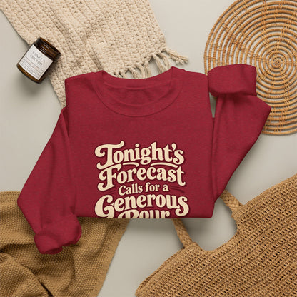 Generous Pour Forecast Retro Sweatshirt in red, folded front view with printed design