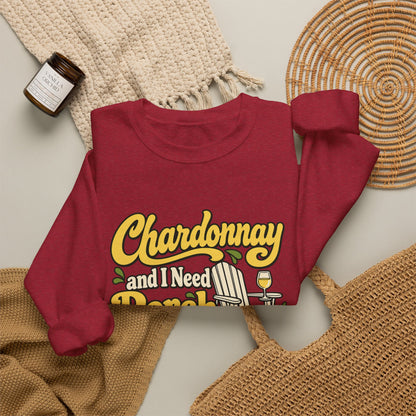 Chardonnay Porch Time Sweatshirt in red, folded front view with printed design