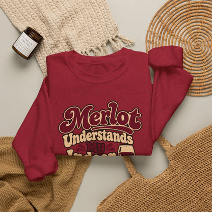 Merlot Indoor Voice Sweatshirt in red, folded front view with printed design