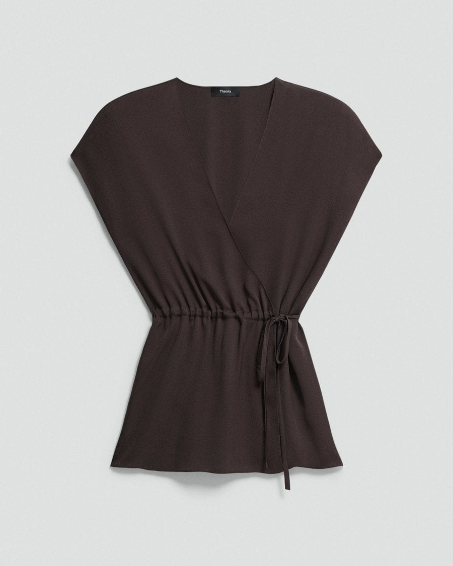 Short-Sleeve Wrap Top in Silk Georgette