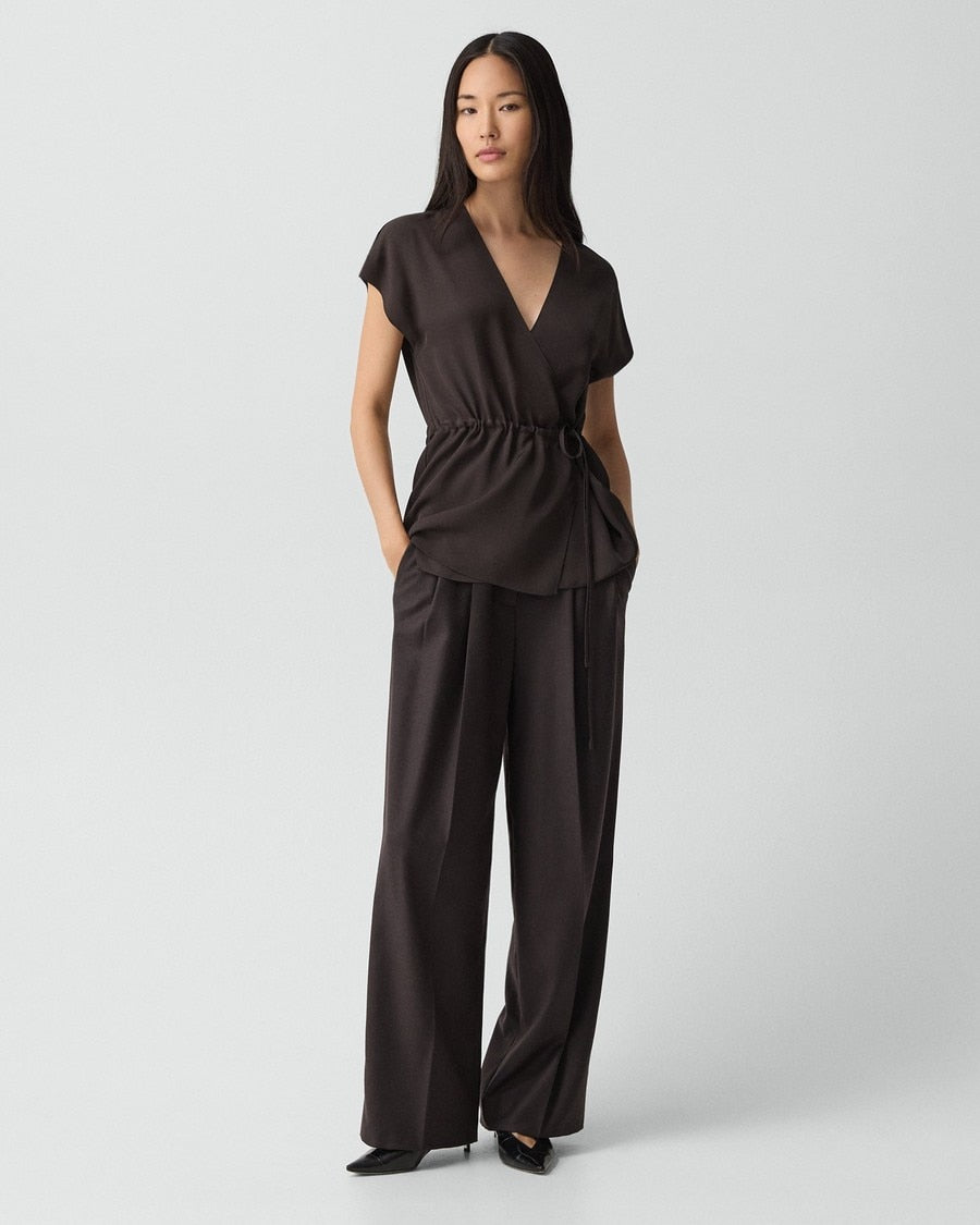 Short-Sleeve Wrap Top in Silk Georgette
