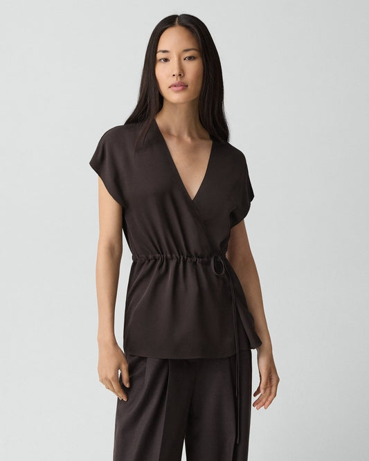 Short-Sleeve Wrap Top in Silk Georgette