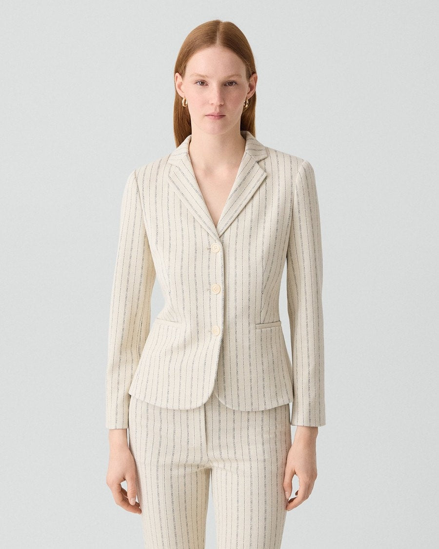 Shrunken Three-Button Blazer in Striped Crepe Jersey