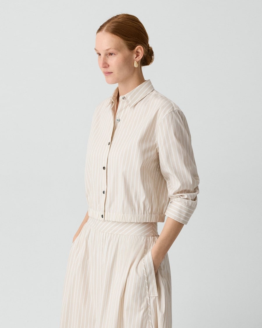 Cropped Shirt in Striped Cotton-Blend