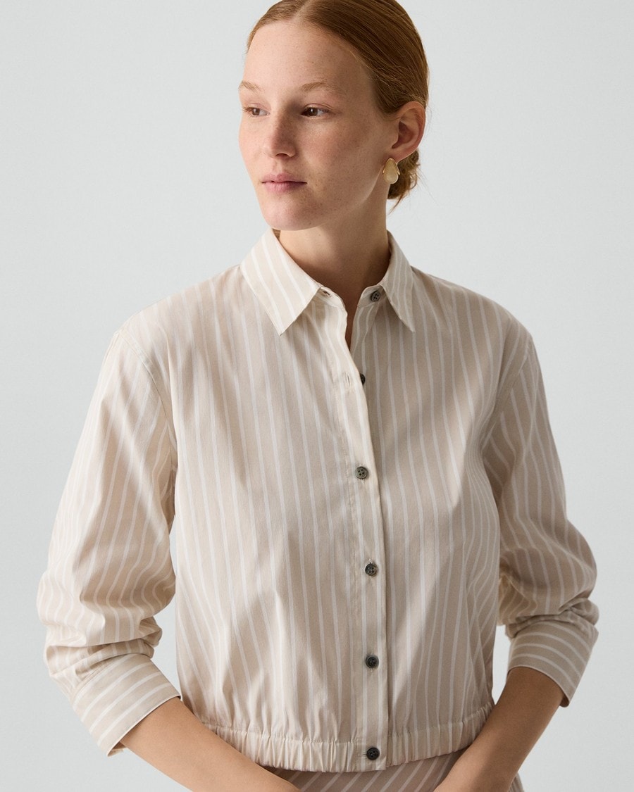 Cropped Shirt in Striped Cotton-Blend