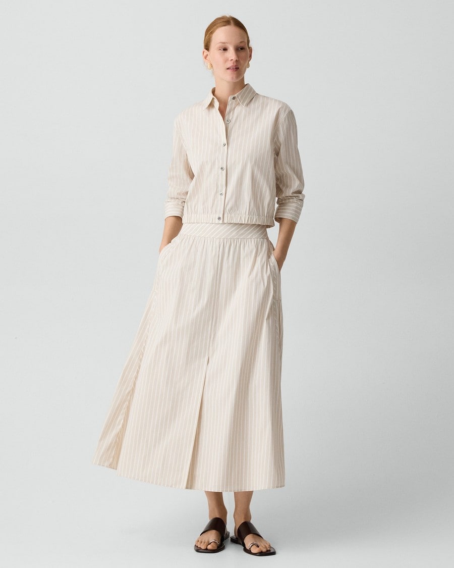 Cropped Shirt in Striped Cotton-Blend