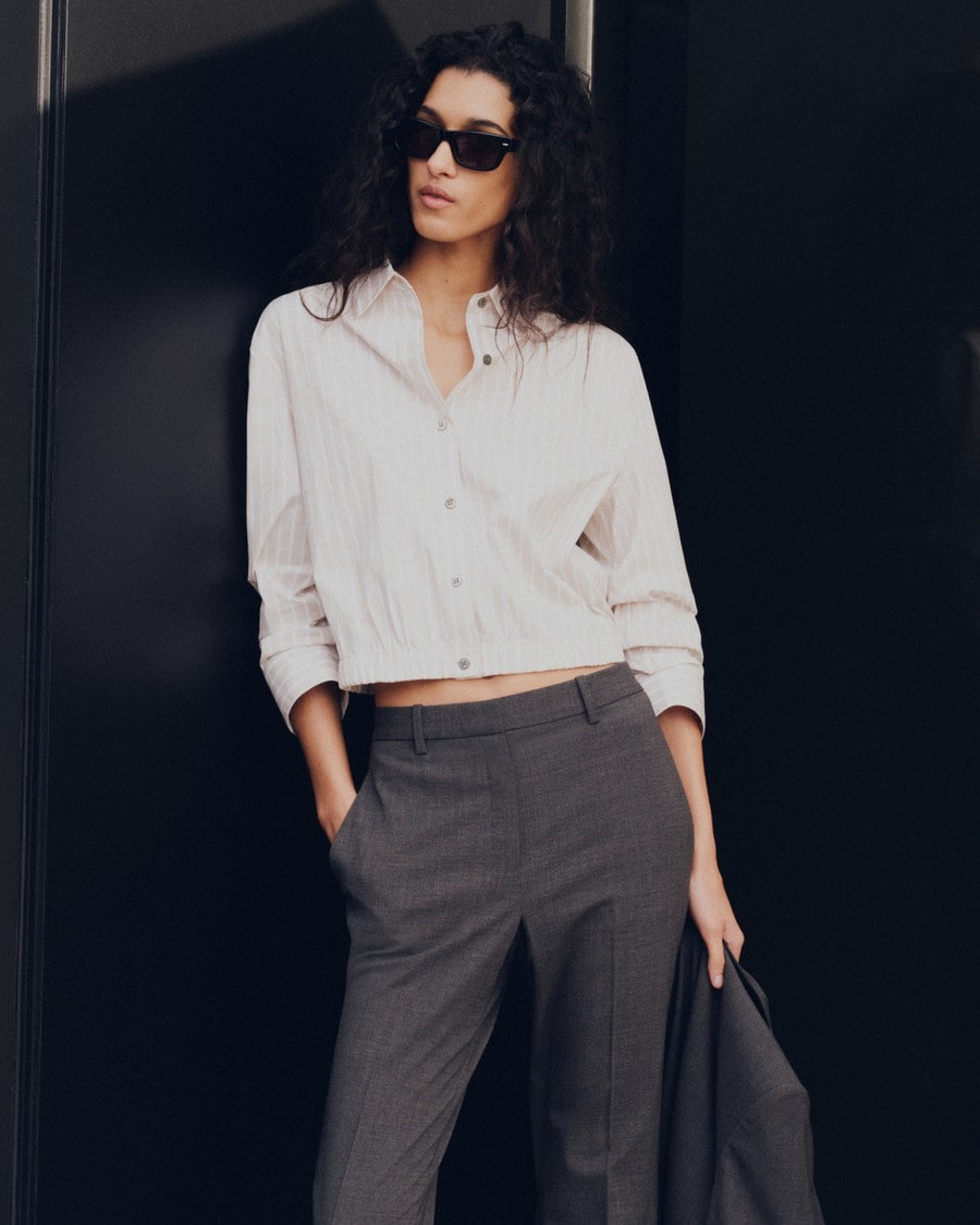 Cropped Shirt in Striped Cotton-Blend