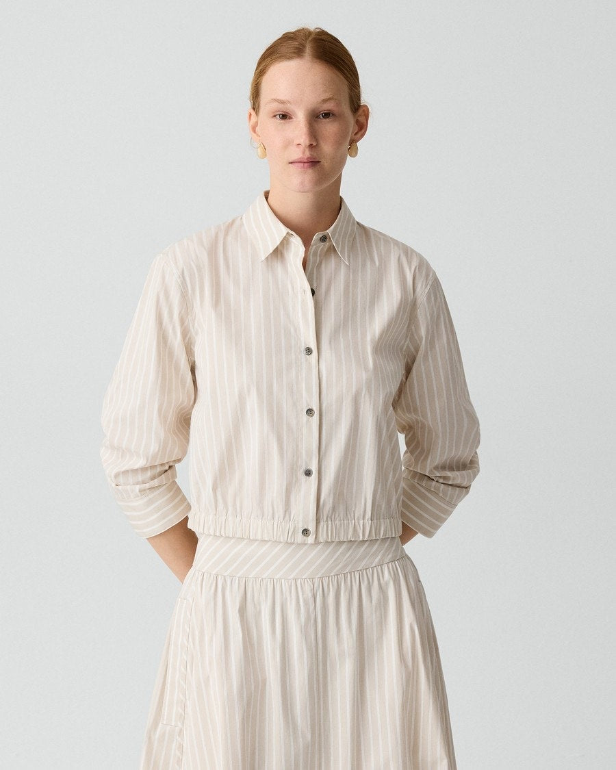 Cropped Shirt in Striped Cotton-Blend