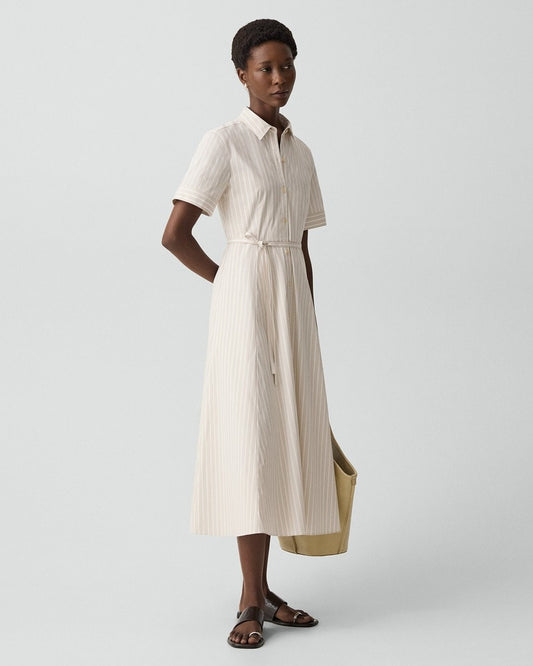 Belted Shirt Dress in Striped Cotton-Blend