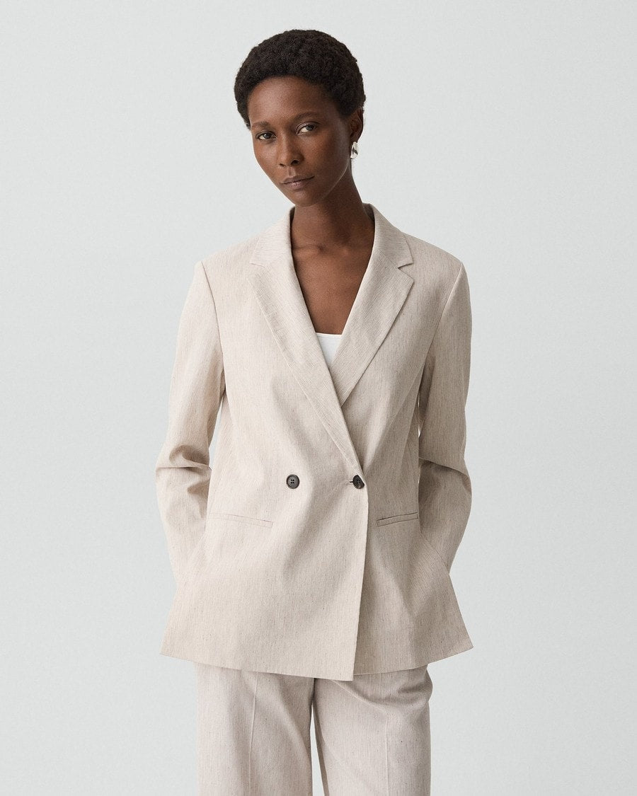 Vented Double-Breasted Blazer in Textured Linen