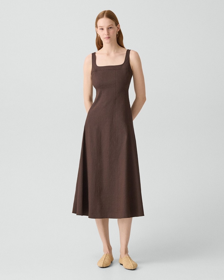 Seamed Square Neck Dress in Good Linen