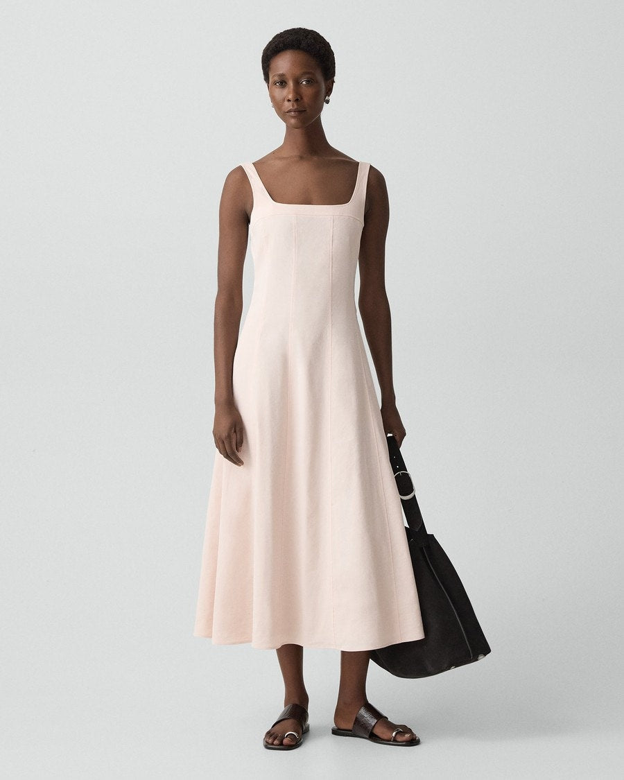 Seamed Square Neck Dress in Good Linen