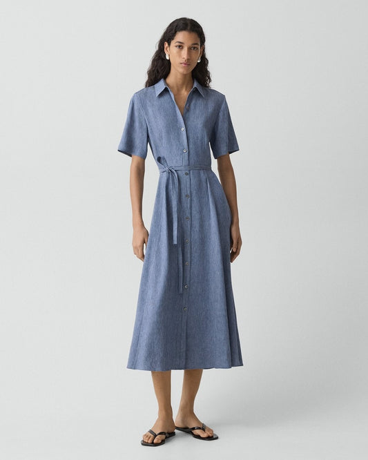 Belted Shirt Dress in Fluid Linen