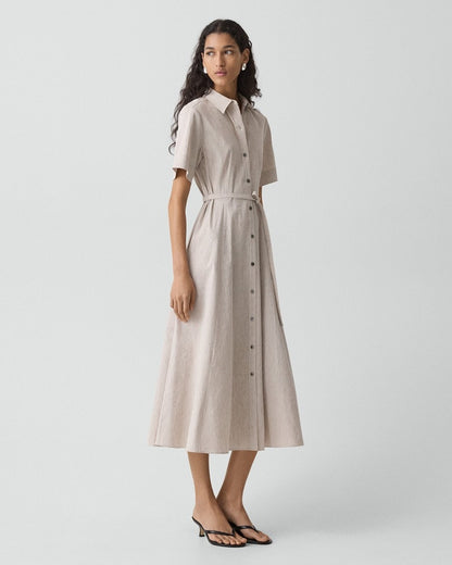 Belted Shirt Dress in Textured Linen