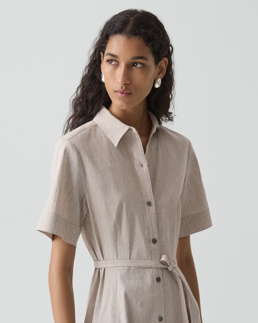 Belted Shirt Dress in Textured Linen
