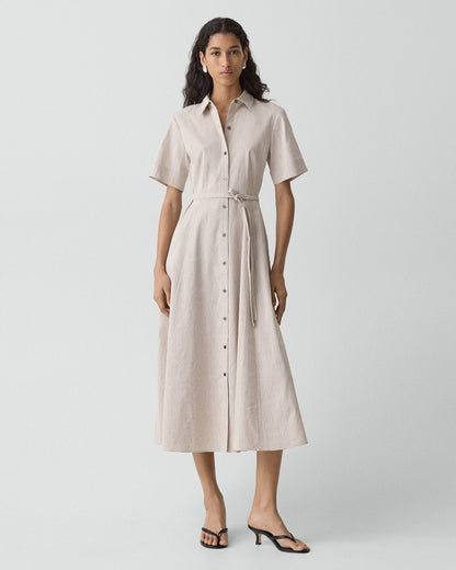 Belted Shirt Dress in Textured Linen