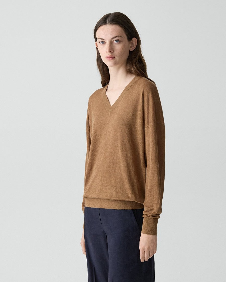 Oversized V-Neck Sweater in Linen Knit